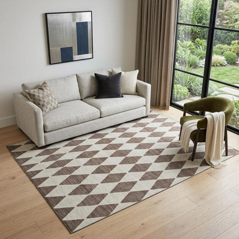 9' X 12' Brown And Ivory Diamond Washable Area Rug With UV Protection