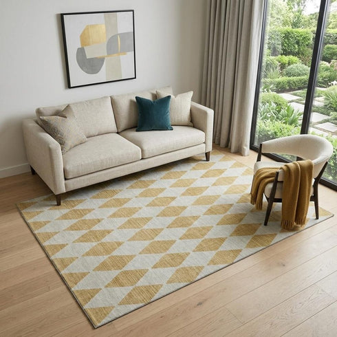 9' X 12' Gold And Ivory Diamond Washable Area Rug With UV Protection
