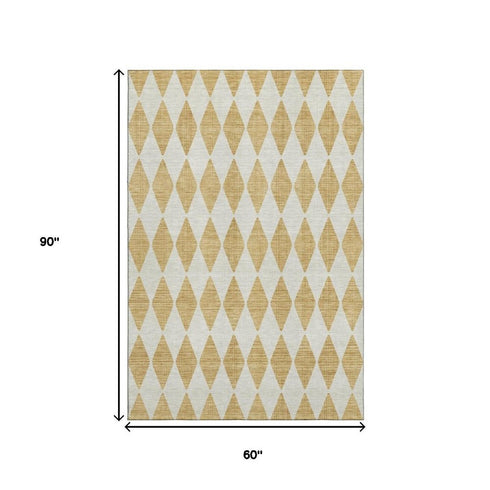 9' X 12' Gold And Ivory Diamond Washable Area Rug With UV Protection