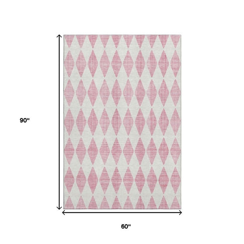 9' X 12' Pink And Ivory Diamond Washable Area Rug With UV Protection