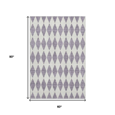 9' X 12' Purple And Ivory Diamond Washable Area Rug With UV Protection