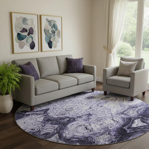 8' Purple And Ivory Abstract Washable Round Rug With UV Protection