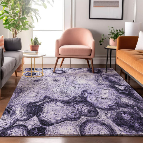 9' X 12' Purple And Ivory Abstract Washable Area Rug With UV Protection