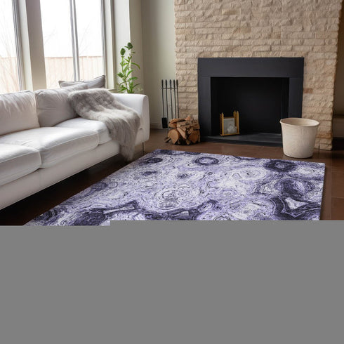 9' X 12' Purple And Ivory Abstract Washable Area Rug With UV Protection