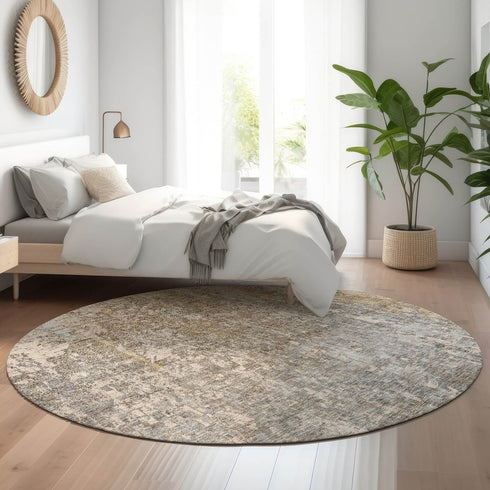 8' Beige And Gray Abstract Washable Round Rug With UV Protection