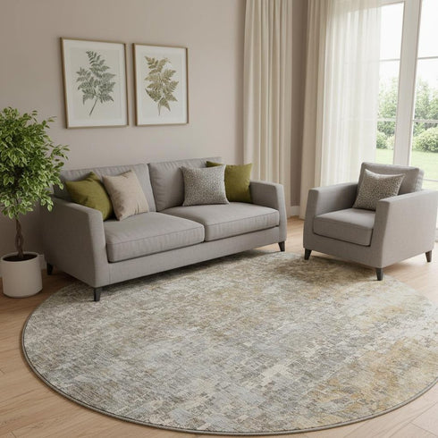 8' Beige And Gray Abstract Washable Round Rug With UV Protection