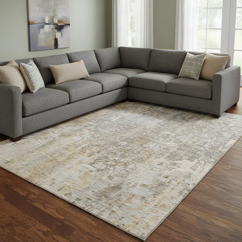 9' X 12' Beige And Gray Abstract Washable Area Rug With UV Protection