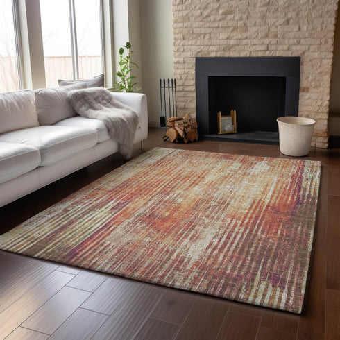 8' X 10' Chili Red And Ivory Striped Washable Area Rug With UV Protection