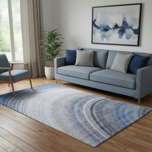 5' X 8' Blue Ivory And Gray Ombre Washable Area Rug With UV Protection