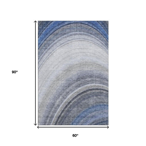 5' X 8' Blue Ivory And Gray Ombre Washable Area Rug With UV Protection