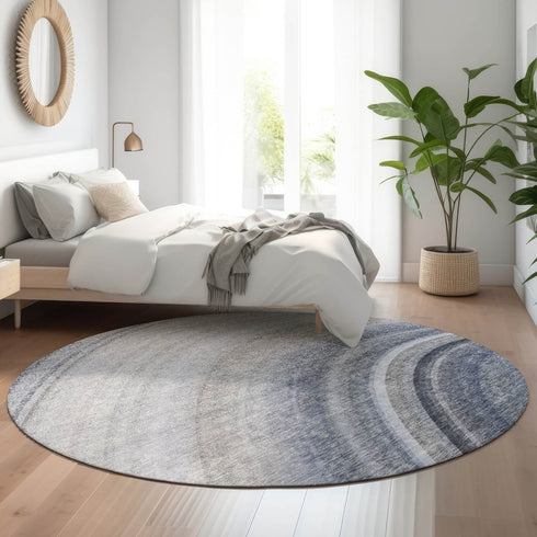 8' Blue Ivory And Gray Ombre Washable Round Rug With UV Protection