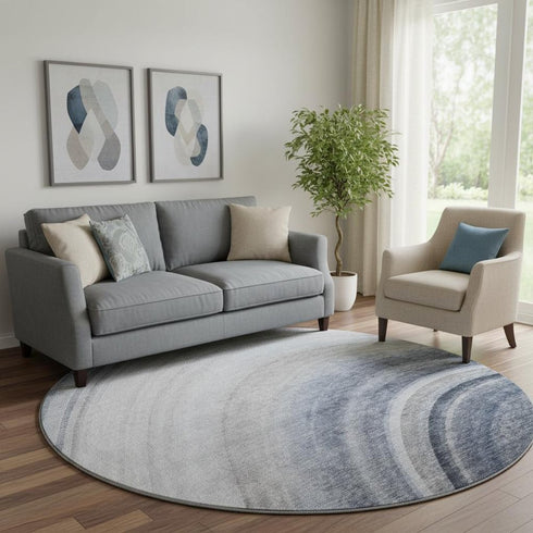 8' Blue Ivory And Gray Ombre Washable Round Rug With UV Protection