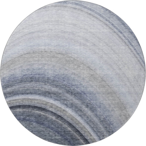 8' Blue Ivory And Gray Ombre Washable Round Rug With UV Protection