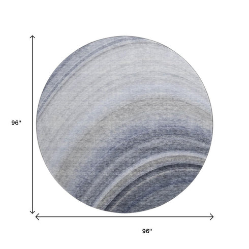 8' Blue Ivory And Gray Ombre Washable Round Rug With UV Protection