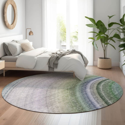 8' Teal Purple And Green Ombre Washable Round Rug With UV Protection