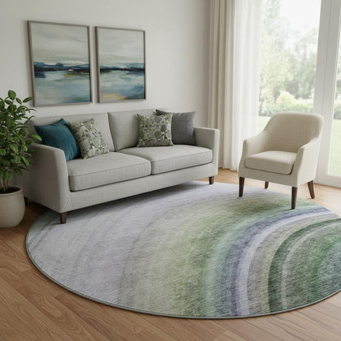 8' Teal Purple And Green Ombre Washable Round Rug With UV Protection