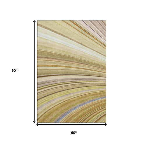 5' X 8' Beige Blue And Ivory Abstract Washable Area Rug With UV Protection