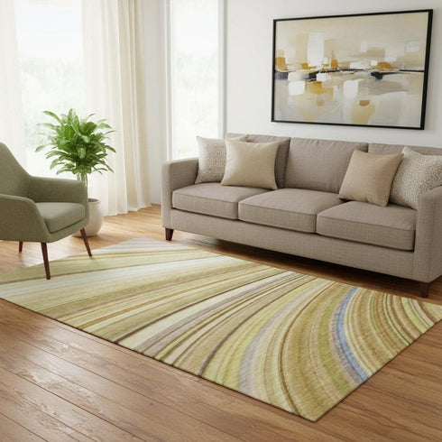 5' X 8' Beige Blue And Ivory Abstract Washable Area Rug With UV Protection