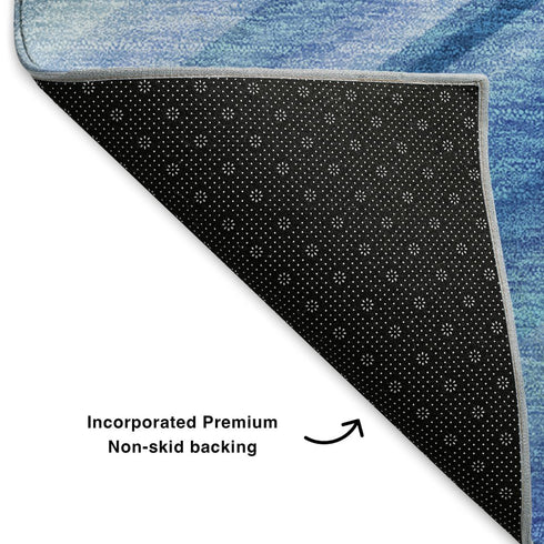 5' X 8' Blue Ivory And Gold Abstract Washable Area Rug With UV Protection