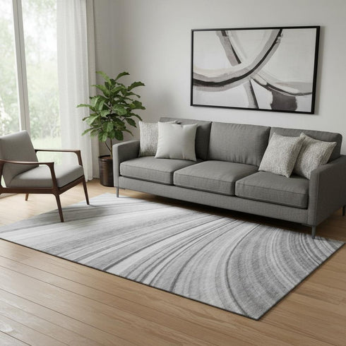 5' X 8' Gray And Ivory Abstract Washable Area Rug With UV Protection