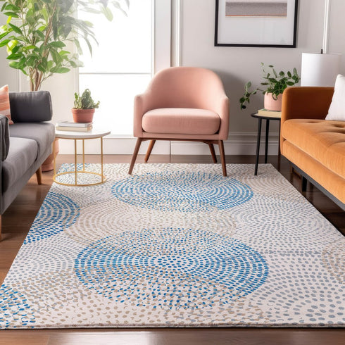 8' X 10' Ivory And Blue Abstract Washable Area Rug With UV Protection