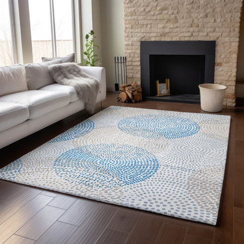 8' X 10' Ivory And Blue Abstract Washable Area Rug With UV Protection
