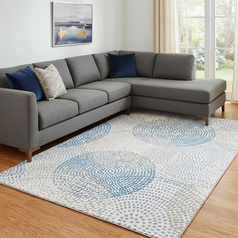 8' X 10' Ivory And Blue Abstract Washable Area Rug With UV Protection