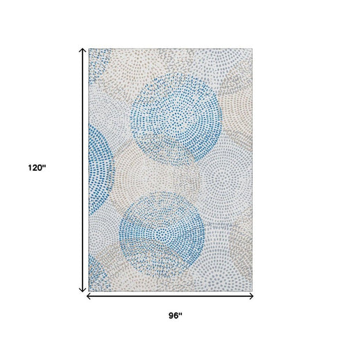 8' X 10' Ivory And Blue Abstract Washable Area Rug With UV Protection