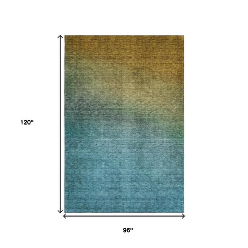 8' X 10' Brown And Blue Ombre Washable Area Rug With UV Protection