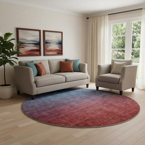 8' Navy Blue And Red Ombre Washable Round Rug With UV Protection