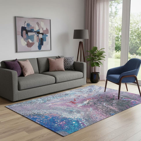 5' X 8' Blue Pink And Purple Abstract Washable Area Rug With UV Protection