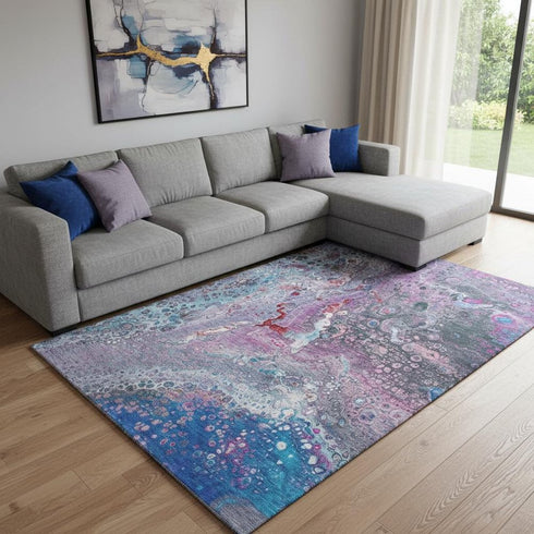 8' X 10' Blue Pink And Purple Abstract Washable Area Rug With UV Protection