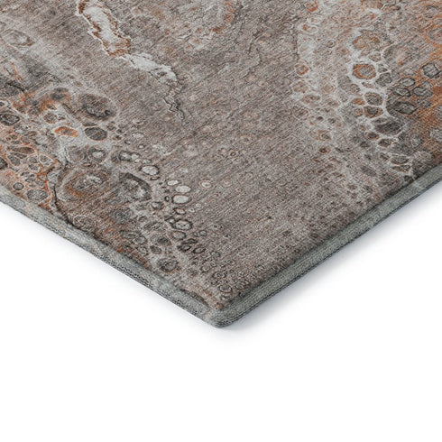 8' Terra Cotta Ivory And Gray Abstract Washable Round Rug With UV Protection