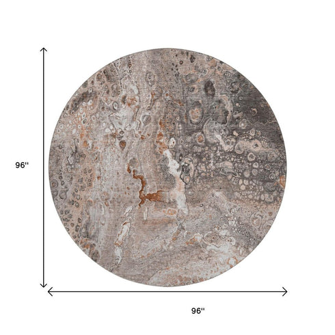 8' Terra Cotta Ivory And Gray Abstract Washable Round Rug With UV Protection