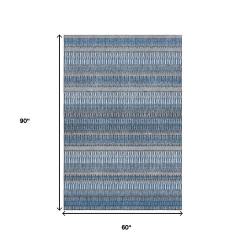 5' X 8' Blue And Ivory Striped Washable Area Rug With UV Protection