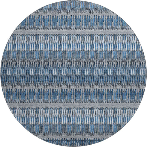 8' Blue And Ivory Striped Washable Round Rug With UV Protection