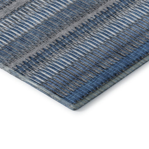 8' Blue And Ivory Striped Washable Round Rug With UV Protection