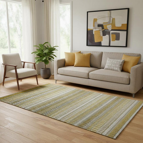 5' X 8' Coffee Ivory And Gray Striped Washable Area Rug With UV Protection