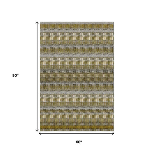 5' X 8' Coffee Ivory And Gray Striped Washable Area Rug With UV Protection
