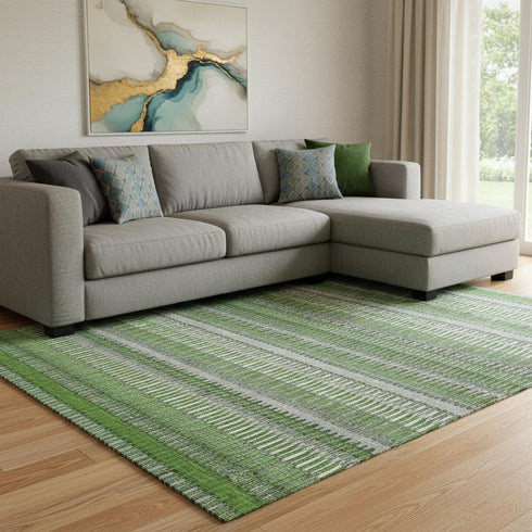 8' X 10' Green Ivory And Gray Striped Washable Area Rug With UV Protection
