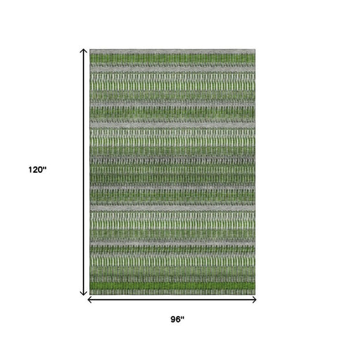 8' X 10' Green Ivory And Gray Striped Washable Area Rug With UV Protection