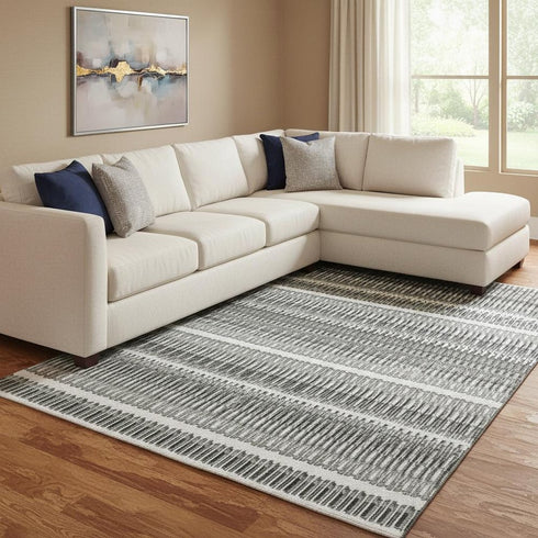 8' X 10' Gray And Ivory Striped Washable Area Rug With UV Protection
