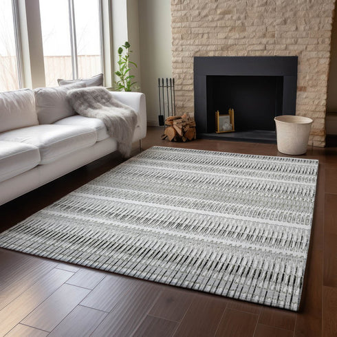 8' X 10' Ivory And Gray Striped Washable Area Rug With UV Protection