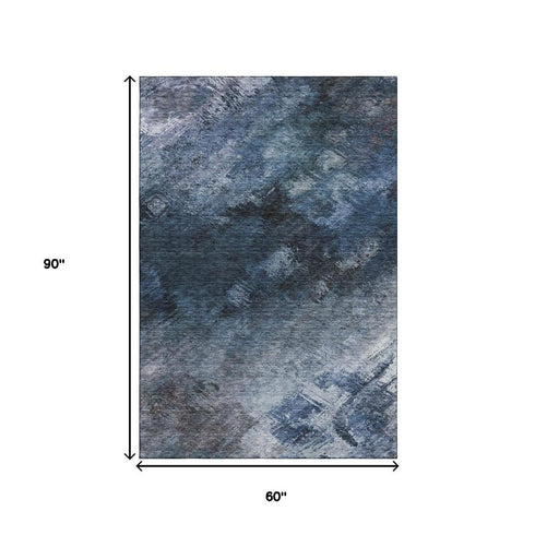 5' X 8' Blue Black And Gray Abstract Washable Area Rug With UV Protection