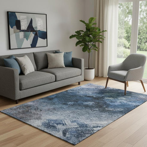 5' X 8' Blue Black And Gray Abstract Washable Area Rug With UV Protection