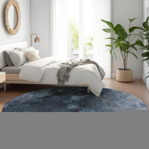 8' Blue Black And Gray Abstract Washable Round Rug With UV Protection