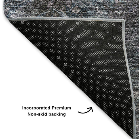 8' Blue Black And Gray Abstract Washable Round Rug With UV Protection