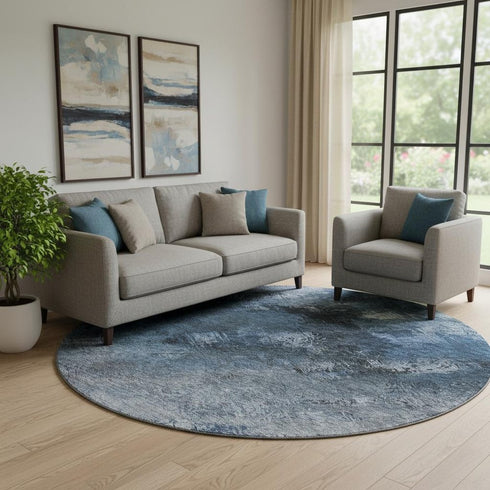 8' Blue Black And Gray Abstract Washable Round Rug With UV Protection