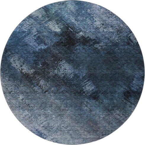 8' Blue Black And Gray Abstract Washable Round Rug With UV Protection