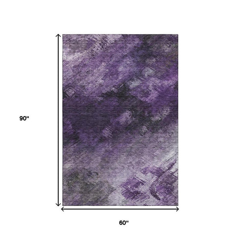 5' X 8' Purple Gray And Ivory Abstract Washable Area Rug With UV Protection
